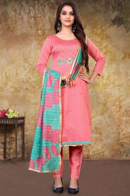 embroidered chanderi silk straight pant suit in pink