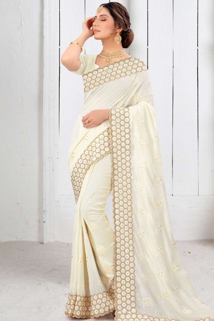 Resham blanc cassé, pierre, vêtements de fête en soie d'art brodés sari