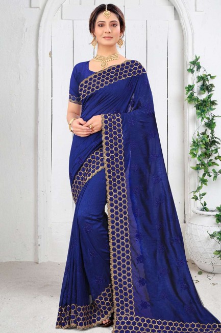 art soie bleu party wear sari en resham, pierre, brodé
