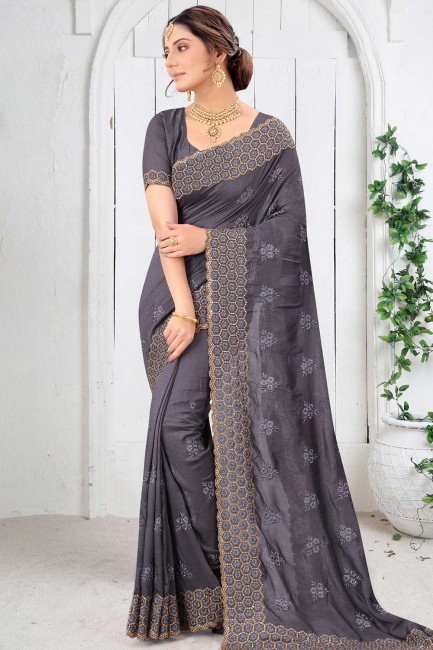 resham, pierre, sari brodé en soie d'art en gris
