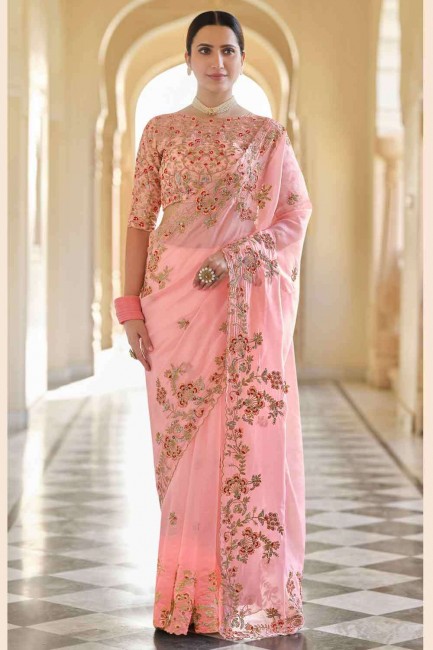 sari de mariage en soie avec dentelle de fil de paillettes en rose bébé