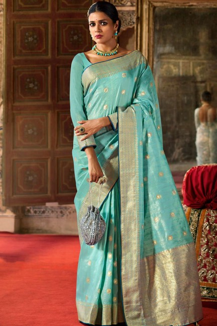 tissage de saris du sud de l’Inde en soie bleu ciel