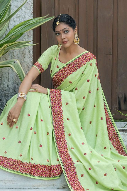 tenue de soirée verte sari en soie d'art avec pierre, fil, brodé