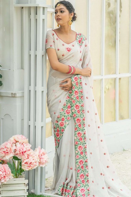 vêtement de fête sari en soie d’art blanche avec pierre, fil, brodé