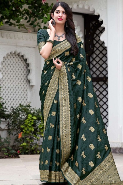 tenue de fête sari en soie verte avec tissage