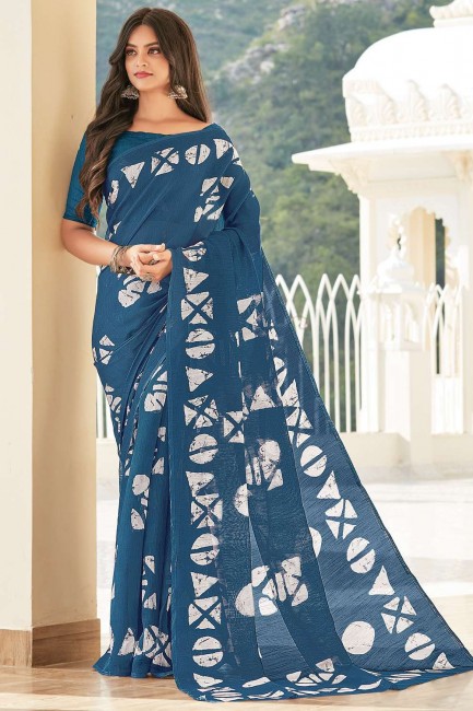 saris en coton imprimé en bleu rouille avec chemisier