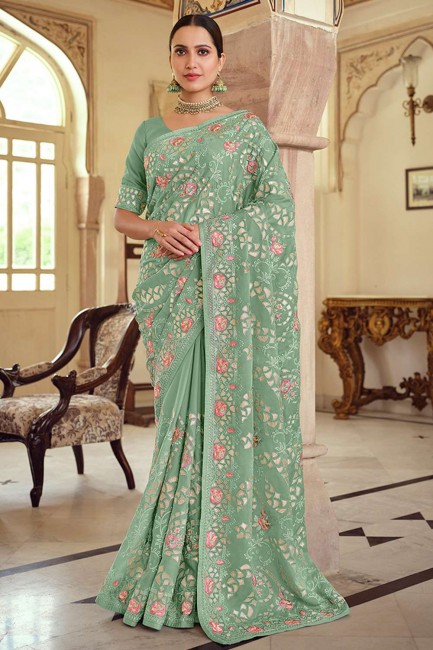 satin brodé georgette sud indien sari en vert avec chemisier