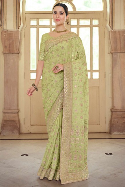 sari georgette en satin vert avec rembourrage brodé