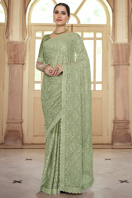 chiffon party wear sari with resham,embroidered in green