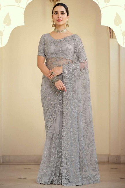 soft net party wear sari en gris avec resham, brodé