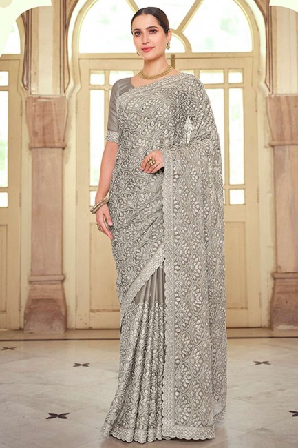 resham, mousseline brodée fête porter sari en gris