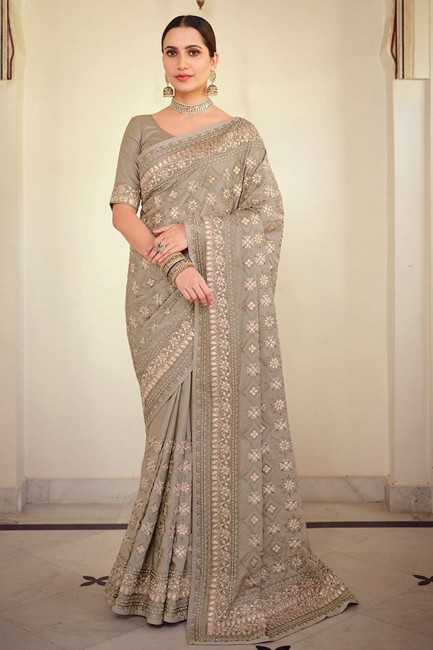 sari georgette en satin gris avec rembourrage, brodé