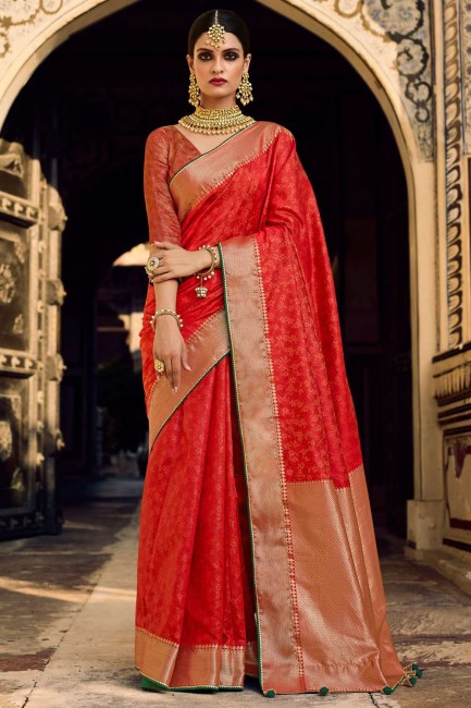 saris de mariage rouge en tissage jacquard et soie