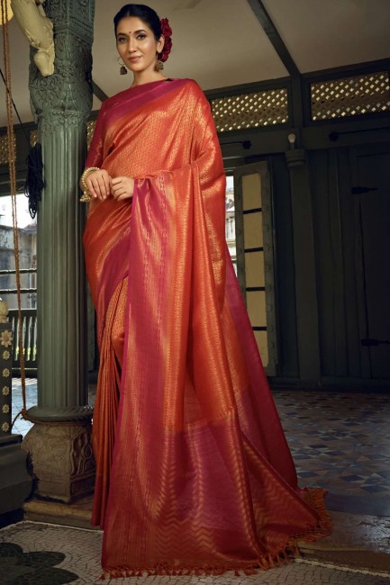 saris de soie d’art en rouge avec tissage