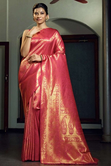 saris de mariage en soie d’art avec tissage en rose