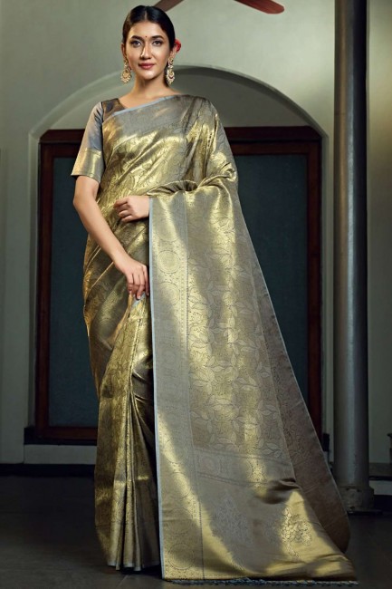 sari de mariage gris en soie d'art avec tissage