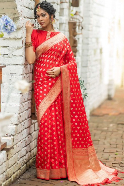 sari de mariage rouge en coton et soie avec tissage