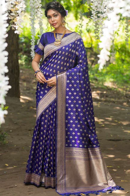 saris de mariage bleu royal en coton et soie avec tissage