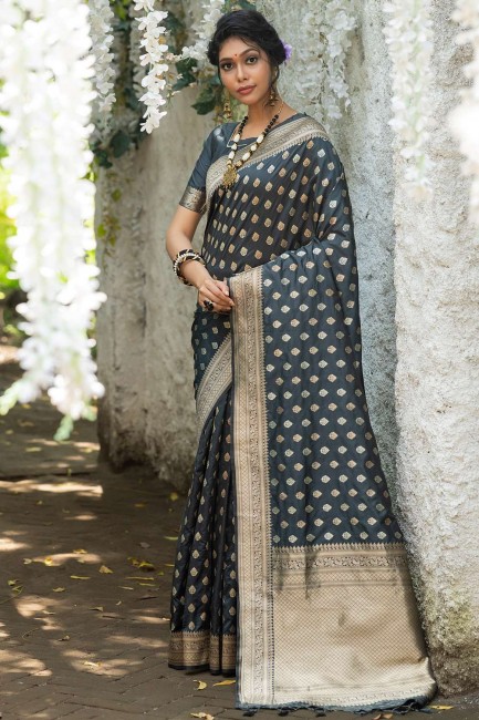 saris de mariage noir en coton et soie avec tissage