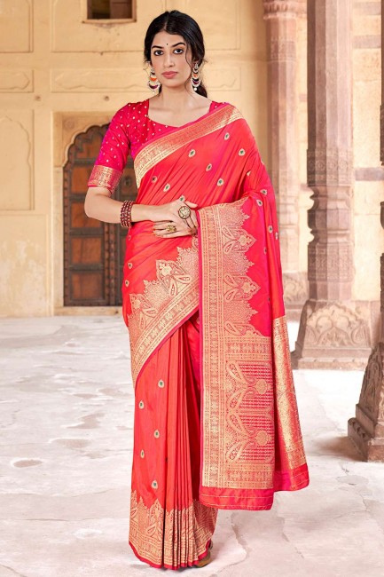 sari de mariage orange en soie avec tissage