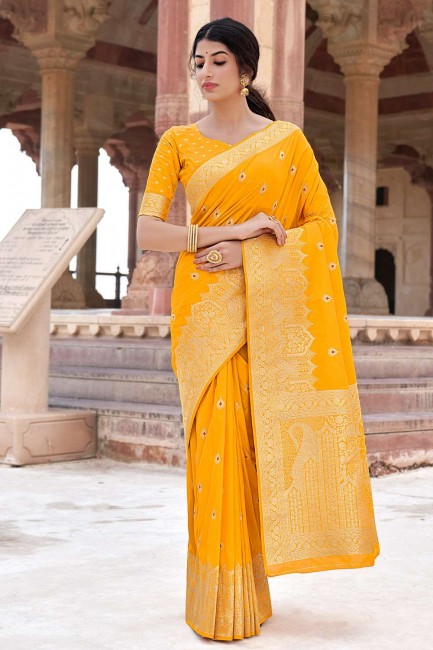 saris de mariage jaune en soie avec tissage