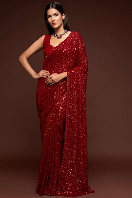 georgette party wear sari avec broderie en rouge