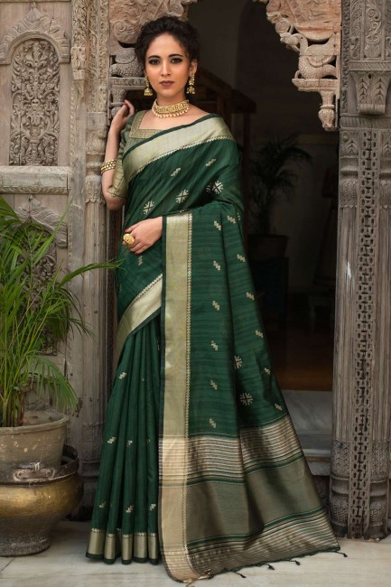 saris vert sarcelle du sud de l’Inde en soie zari tussar