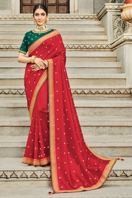 sari indien du sud en soie d'art rouge avec broderie