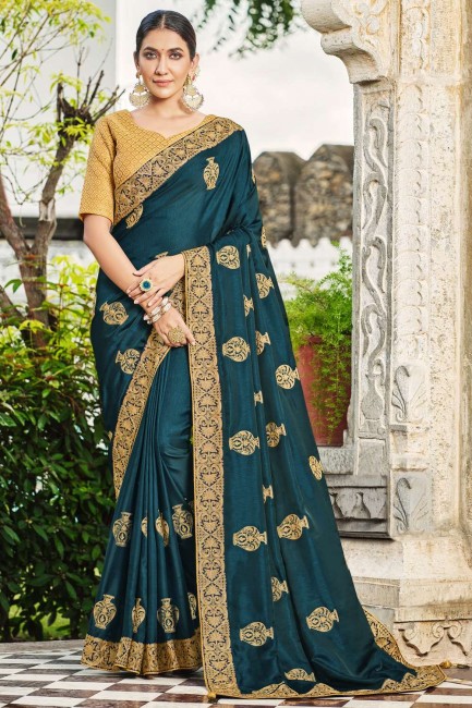 sari indien du sud bleu en soie brodée avec chemisier