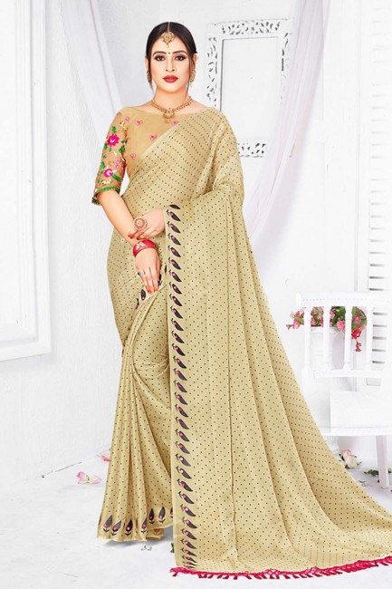 embroidered,printed chiffon sari in beige with blouse