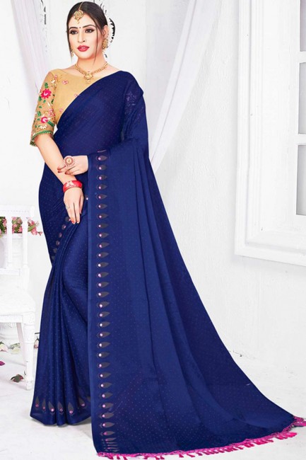 Royal blue Moss Chiffon Saree with Embroidered,printed