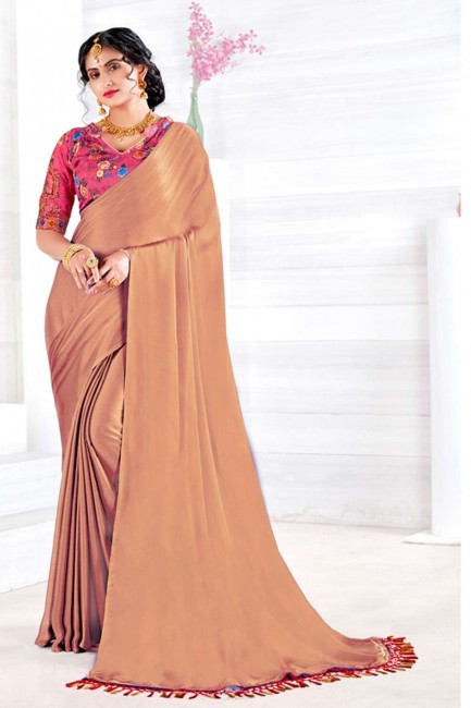sari georgette en satin brodé et imprimé en marron avec chemisier