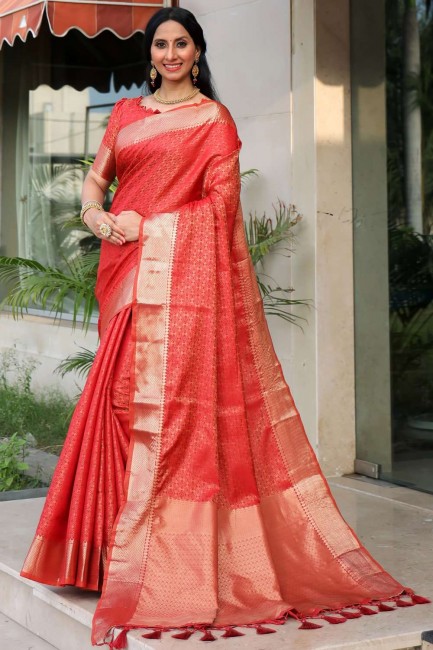 tissage banarasi soie sari en rouge avec chemisier