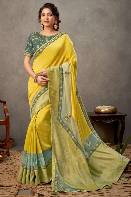 tussar saris de soie avec resham, zari, main, brodé en jaune
