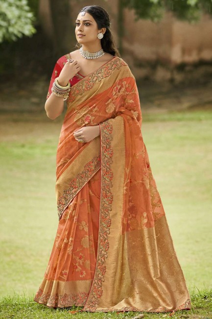 tissu et organza sari avec broderie, tissage en orange