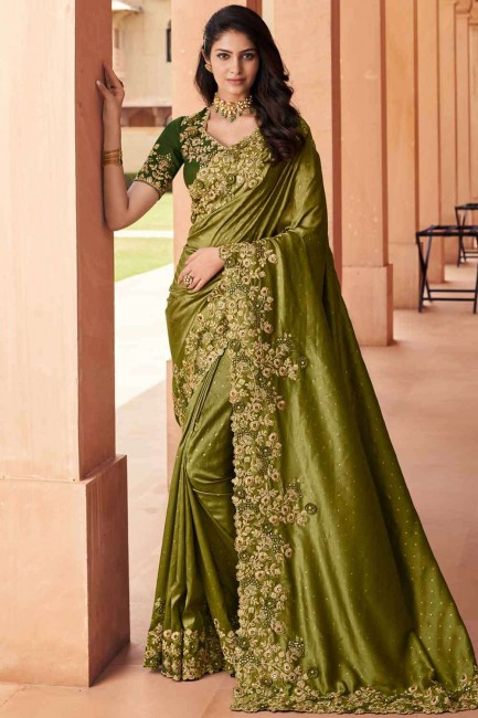 sari de mariage en soie d'art brodé en vert olive avec chemisier