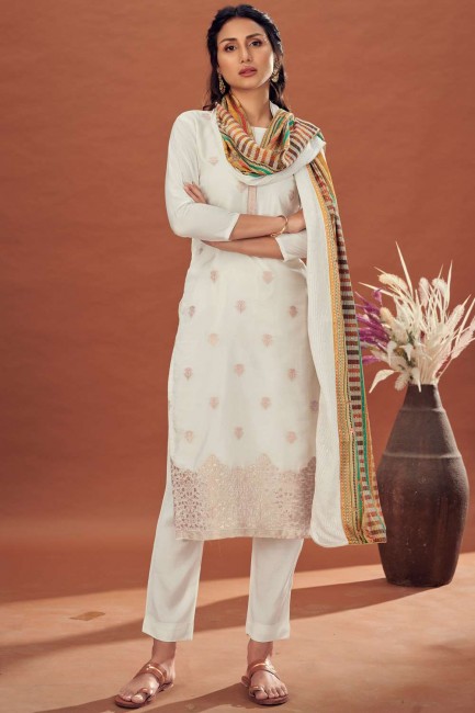salwar kameez blanc en jacquard et mousseline avec impression numérique