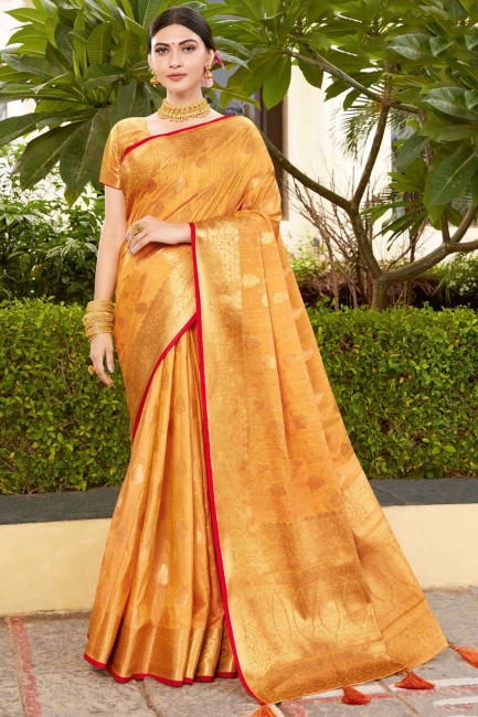 saris jaune avec zari, tissage de soie