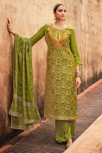 vert salwar kameez en jacquard et soie avec tissage