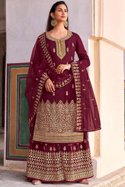 Jacquard Maroon Palazzo Suit in Embroidered