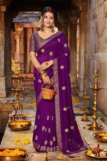 zari, sari violet en soie brodée avec chemisier