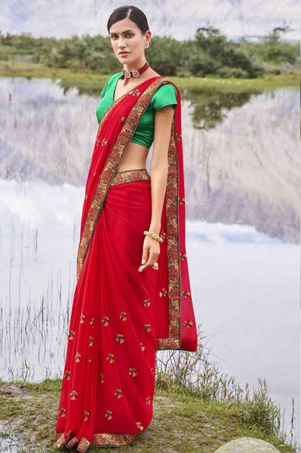 saris rouge en resham, zari, mousseline brodée