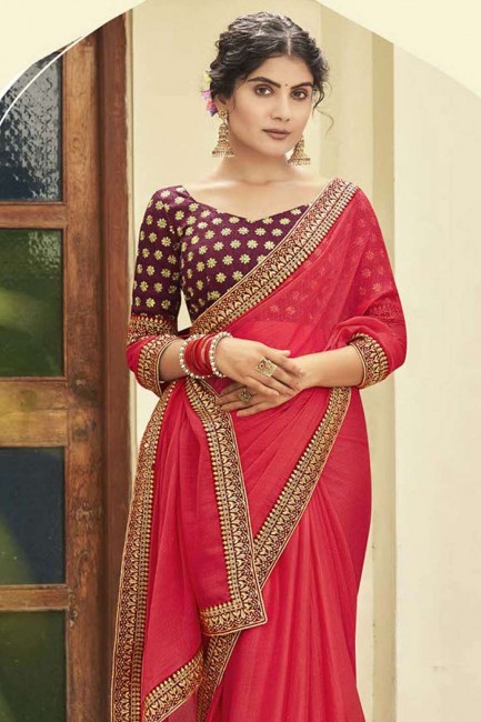 saris rose en mousseline brodée