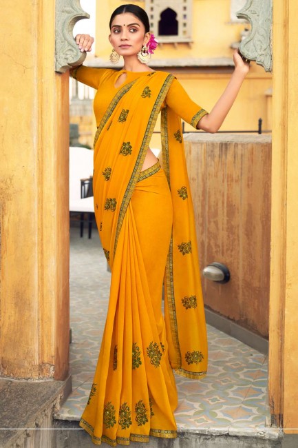 sari en soie d'art avec fil, brodé en jaune
