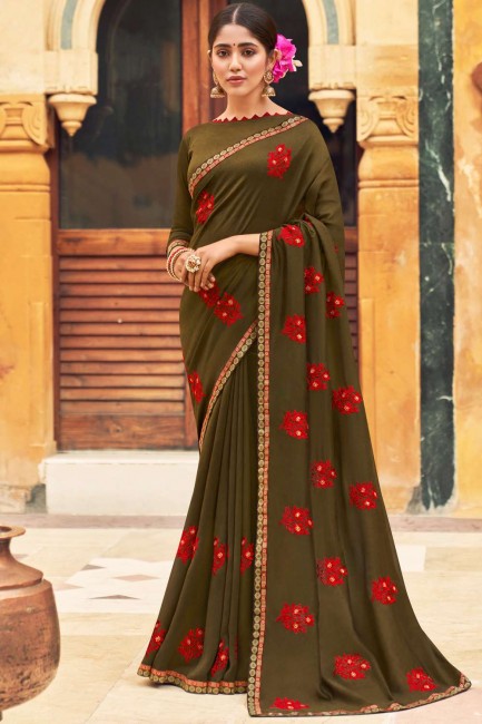 fil, sari de soie d'art brodé en mehendi avec chemisier
