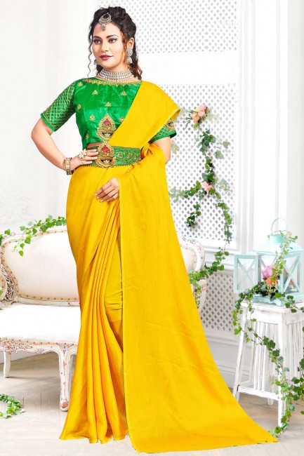 Blouse sari en georgette unie moutarde et travail de ceinture