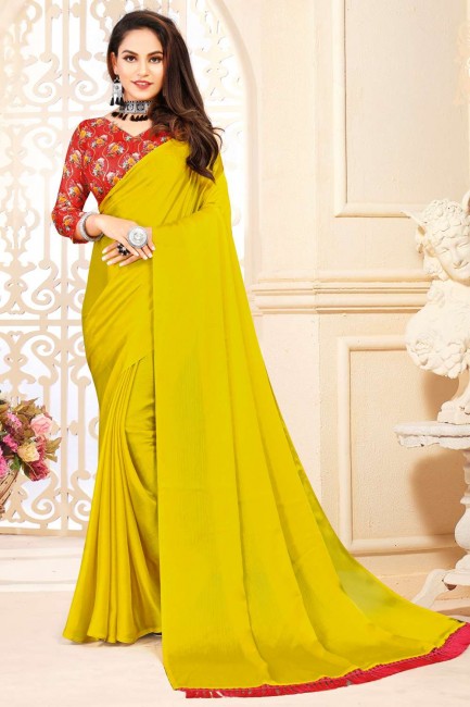 saris satiné et soie en jaune, vert avec uni