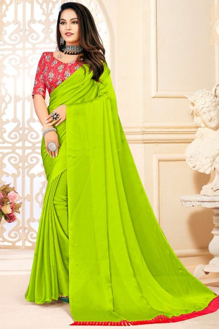 saris satiné et soie avec uni en vert
