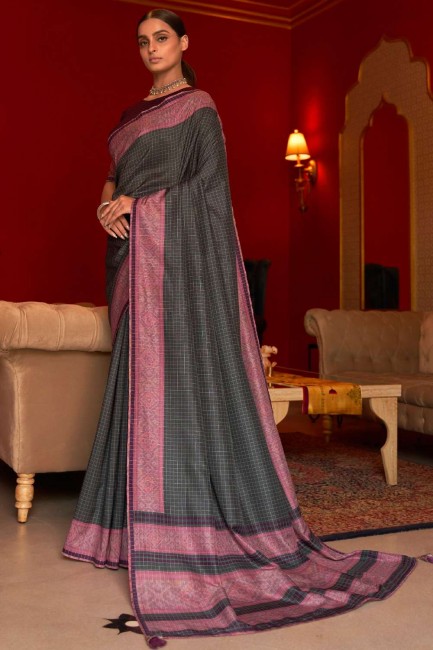 sari gris indien du sud en soie avec tissage, impression numérique