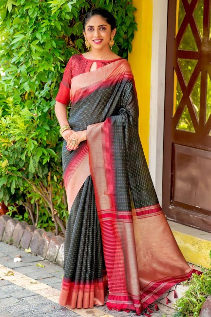 zari sud indien sari en coton noir
